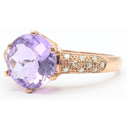 160 - 9ct rose gold, amethyst and diamond ring, hallmarked, size Q1/2, gross weight 3.14 grams