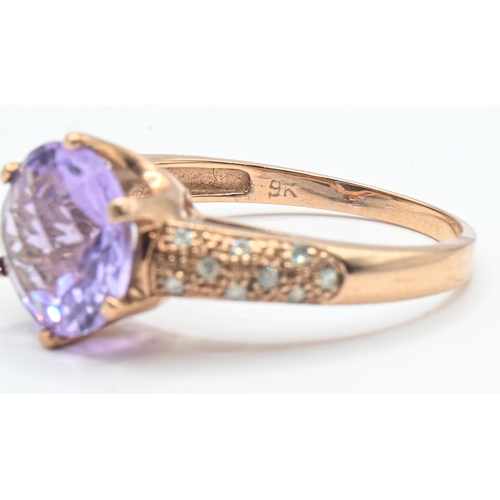 160 - 9ct rose gold, amethyst and diamond ring, hallmarked, size Q1/2, gross weight 3.14 grams