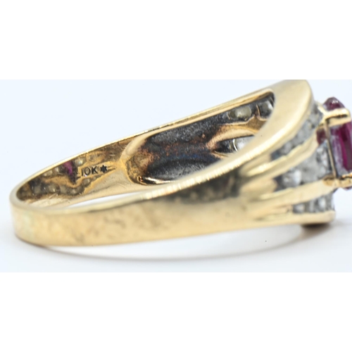 162 - Yellow metal, red and white stone ring, stamped 10K, size R1/2, gross weight 5.22 grams