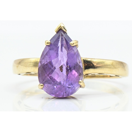 163 - 9ct gold and pear-shaped amethyst ring, hallmarked, size Q1/2, gross weight 2.78 grams