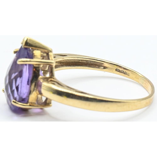 163 - 9ct gold and pear-shaped amethyst ring, hallmarked, size Q1/2, gross weight 2.78 grams