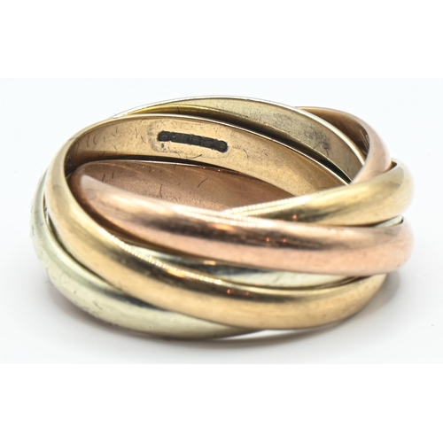 167 - 9ct tri-coloured gold five band interlocking ring, hallmarked, size approximately N-O, 9.33 grams... 