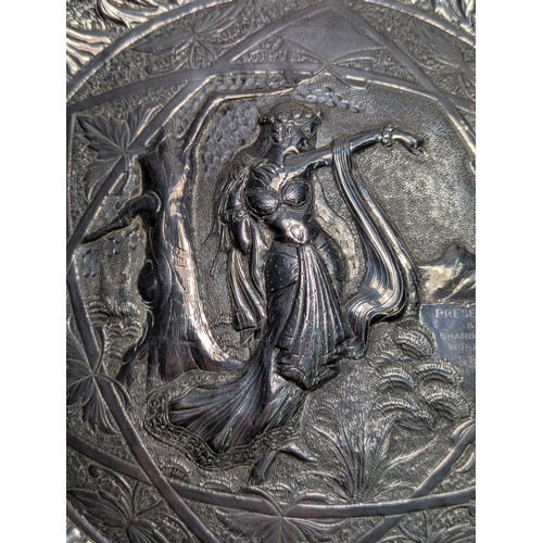 202 - Indian white metal embossed presentation tray, inscribed 'Mr. & Mrs. W.McDonald Presented By Cha... 