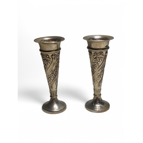 205 - Pair of silver posy vases, rubbed Walker & Hall hallmark, of tapered form with embossed floral a... 