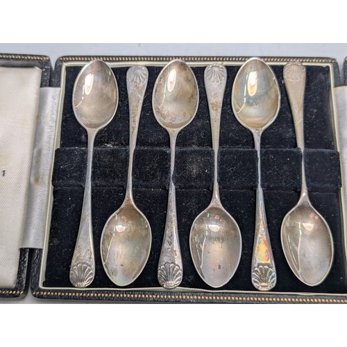 214 - Cased Elizabeth II set of six silver fiddle and shell pattern demitasse spoons, Turner & Si... 