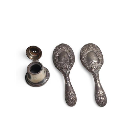 215 - Three pieces of scrap Edwardian silverware, comprising: a bell-shaped inkwell, A & J Zimmerman L... 