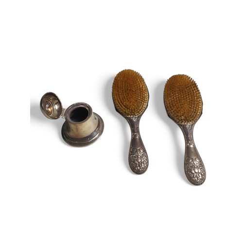 215 - Three pieces of scrap Edwardian silverware, comprising: a bell-shaped inkwell, A & J Zimmerman L... 