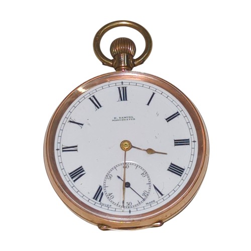 261 - 9ct rose gold cased open face keyless wind pocket watch, the white enamel dial with Roman numerals a... 