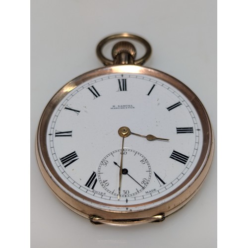 261 - 9ct rose gold cased open face keyless wind pocket watch, the white enamel dial with Roman numerals a... 