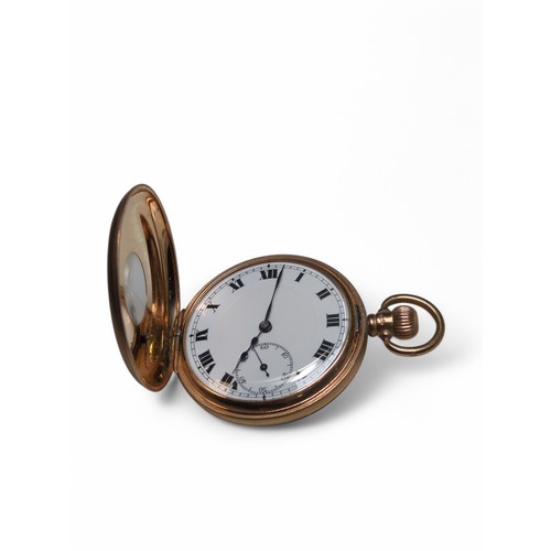 269 - 9ct gold cased half hunter keyless wind pocket watch, the white enamel dial with Roman numerals and ... 