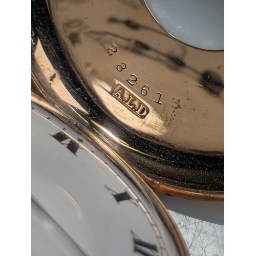 269 - 9ct gold cased half hunter keyless wind pocket watch, the white enamel dial with Roman numerals and ... 