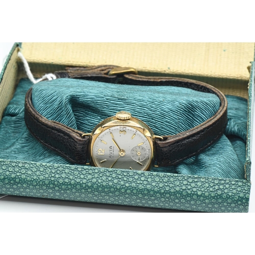 276 - 9ct gold cased Avia ladies watch, the silvered dial with Arabic and baton markers and subsidiary sec... 