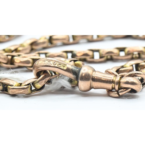 59 - Rose coloured yellow metal doubled watch chain, with oval belcher links and a clasp, clasp marked 'A... 