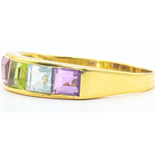 99 - Five stone multi-gem set ring, stamped 750, tested as 18ct gold, size Q, gross weight 2.61 grams... 