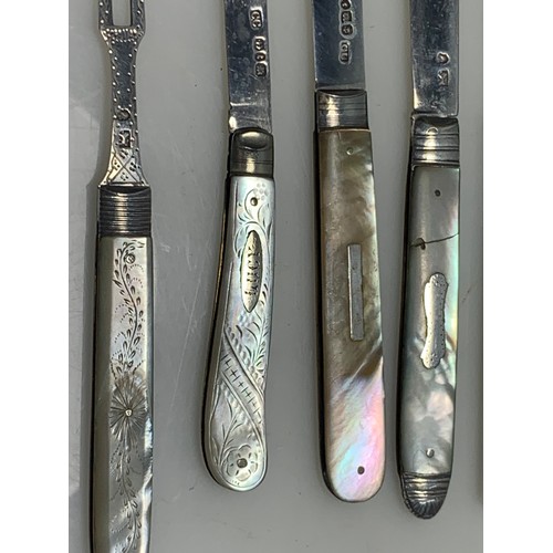 295 - Four silver and mother-of-pearl fruit knives and a fork, including Georgian and Victorian, some with... 