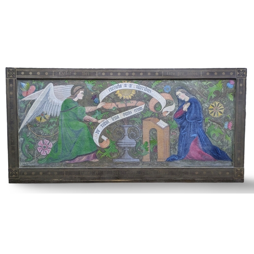 621 - Arts and Crafts style oil on canvas of the Annunciation dated 1908, with Latin inscription lower lef... 