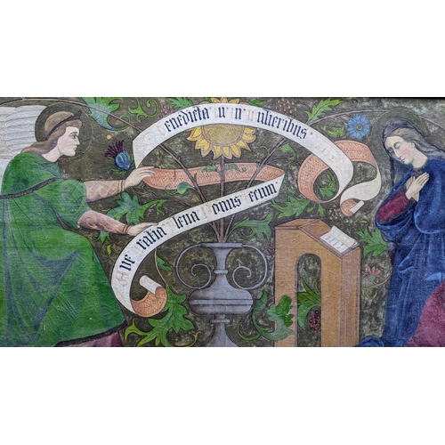 621 - Arts and Crafts style oil on canvas of the Annunciation dated 1908, with Latin inscription lower lef... 