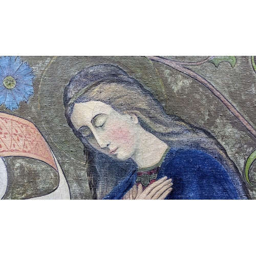 621 - Arts and Crafts style oil on canvas of the Annunciation dated 1908, with Latin inscription lower lef... 