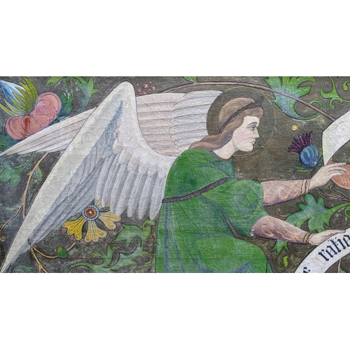 621 - Arts and Crafts style oil on canvas of the Annunciation dated 1908, with Latin inscription lower lef... 