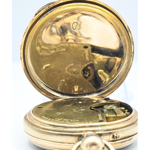 270 - A.W.Co. Waltham, Mass., yellow metal cased open face keyless wind pocket watch, the white enamel dia... 