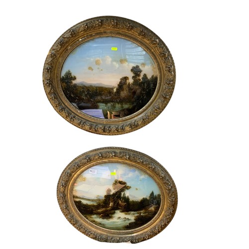 622 - Pair of C19th reverse glass landscape paintings in ornate gilt frames 61 x 53cm