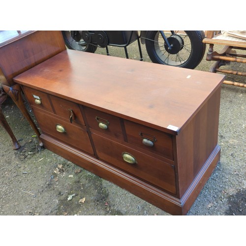 412 - Media/TV unit with two fold down drawers and two drawers underneath with cup handles (one handle loo... 