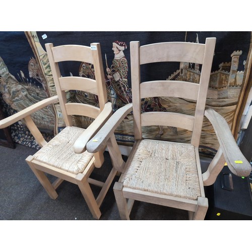 1195 - Pair of beechwood rush seated carver chairs