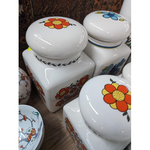 1199 - Various Midwinter mid century modern, colourful design kitchen storage jars + coffee pot etc.