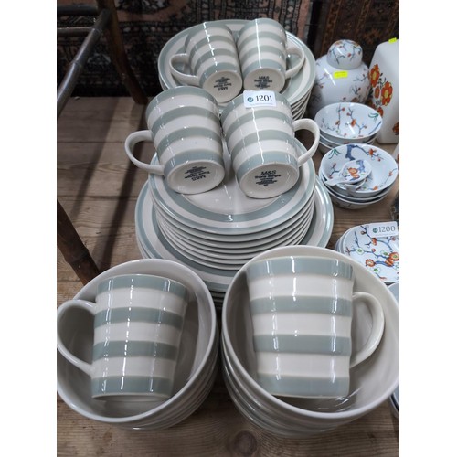 1201 - M&S Truro Stripe dinnerware, inc. plates, shallow bowls, soup bowls, teacups. Mostly in sets of ... 