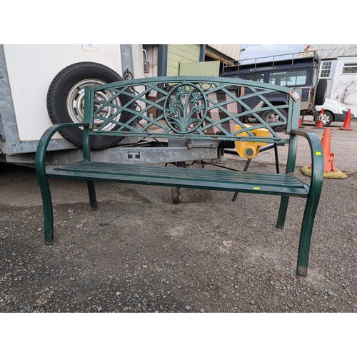 43 - Green painted aluminium garden bench with daffodil decoration L28 x D50 x H82cm