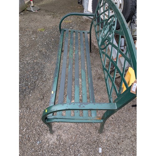 43 - Green painted aluminium garden bench with daffodil decoration L28 x D50 x H82cm