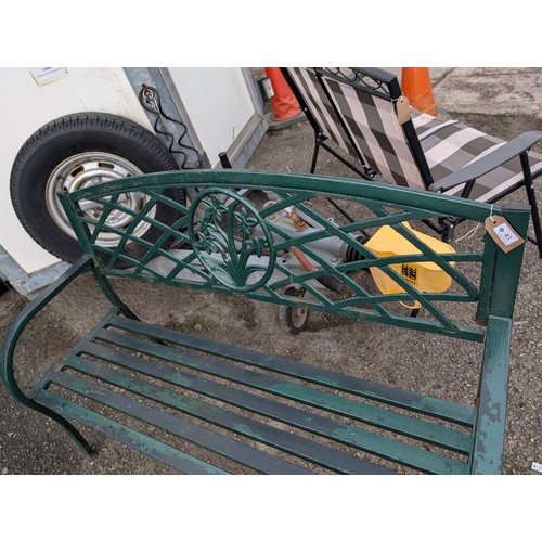 43 - Green painted aluminium garden bench with daffodil decoration L28 x D50 x H82cm