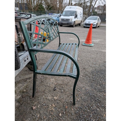 43 - Green painted aluminium garden bench with daffodil decoration L28 x D50 x H82cm