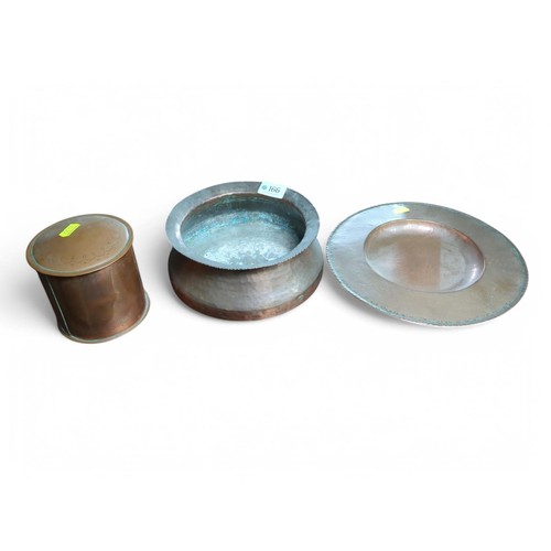 166 - Beaten Copper Plate & Bowl together with a lidded copper cannister&nbsp;
