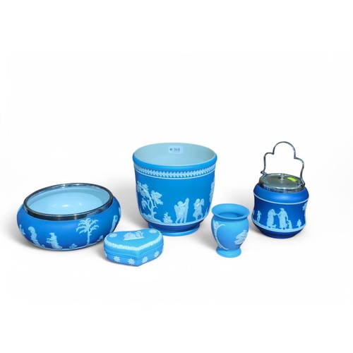 168 - 5 Pieces of Blue Wedgewood Jasperware including Jardiniere. H19cm. D19cm.