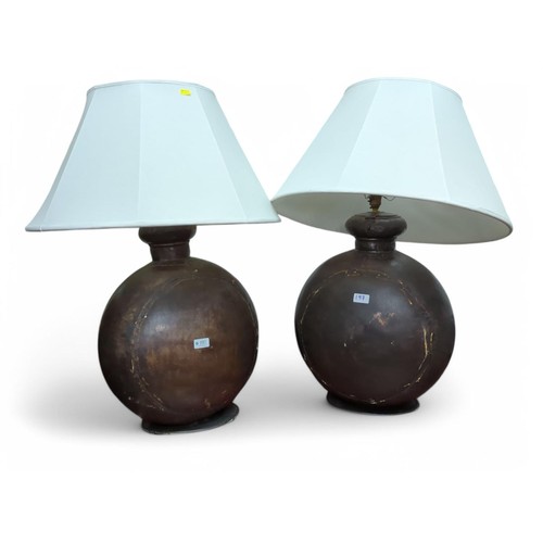 197 - Pair of Moonflask Style Very Large Metal Table lamps. H85cm Including Shade