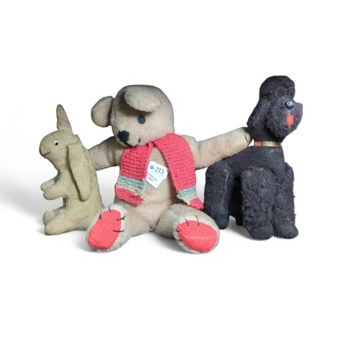 213 - Three teddies, circa 1950's; to include a rabbit, poodle and teddy bear wearing knitted scarf ht. 44... 