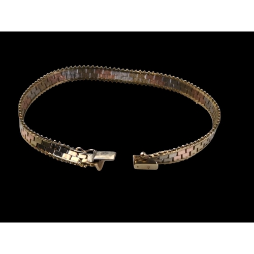 37 - 9ct tri-coloured gold brick link bracelet, import hallmarks, length 193mm, 8.88 grams