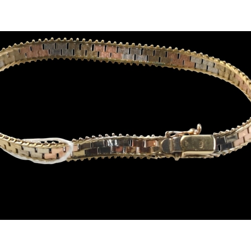 37 - 9ct tri-coloured gold brick link bracelet, import hallmarks, length 193mm, 8.88 grams