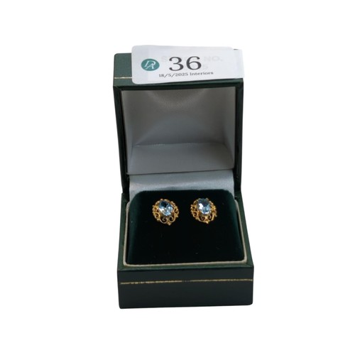 36 - Pair of yellow metal and blue topaz ear studs, the stalks stamped 375, length 8mm, gross weight 1.53... 
