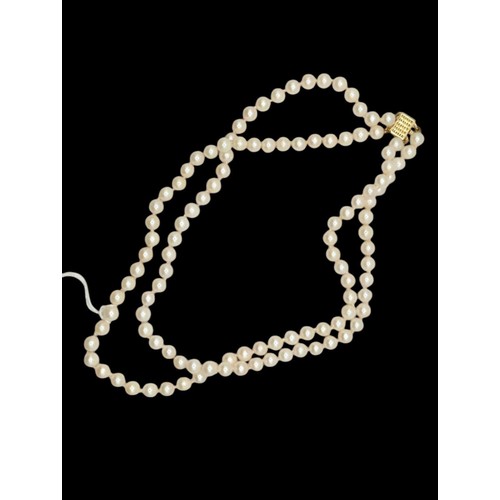 45 - Double strand pearl necklace with a yellow metal clasp stamped 14K, inner strand length 430mm... 