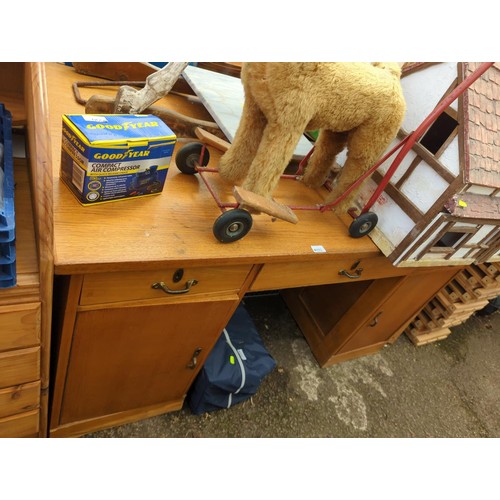393 - Large Wooden Desk with 3 drawers & 2 cupboards. W150cm. D75cm. H80cm