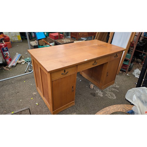 393 - Large Wooden Desk with 3 drawers & 2 cupboards. W150cm. D75cm. H80cm