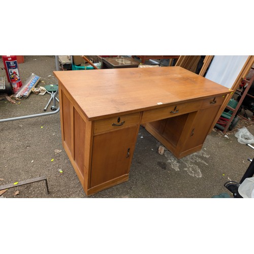 393 - Large Wooden Desk with 3 drawers & 2 cupboards. W150cm. D75cm. H80cm