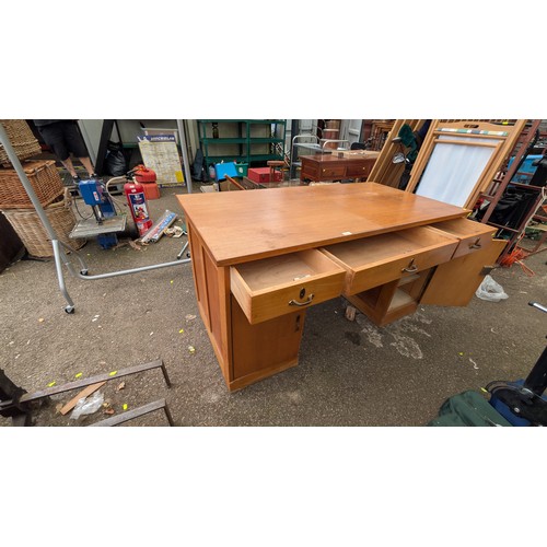 393 - Large Wooden Desk with 3 drawers & 2 cupboards. W150cm. D75cm. H80cm