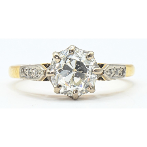 Asprey diamond ring, centring a claw-set old mine-cut diamond estimated to weigh 1.75 carats, central diamond estimated colour I/J and estimated clarity SI1/SI2, between round single-cut diamond set shoulders, the yellow metal shank marked A & Co for Asprey & Co and 18CT GOLD, size M1/2, gross weight 3.18 grams