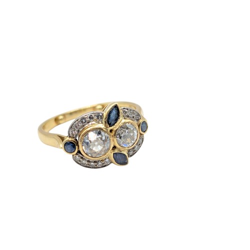 42 - 18ct gold, diamond and sapphire cluster ring, hallmarked, centring a collet-set old European-cut dia... 