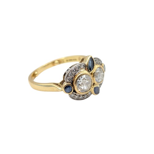 42 - 18ct gold, diamond and sapphire cluster ring, hallmarked, centring a collet-set old European-cut dia... 