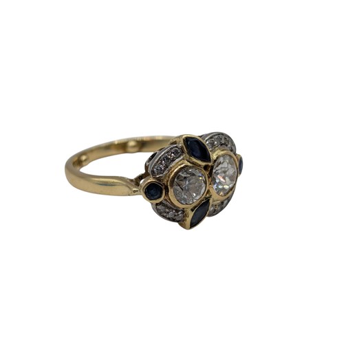 42 - 18ct gold, diamond and sapphire cluster ring, hallmarked, centring a collet-set old European-cut dia... 