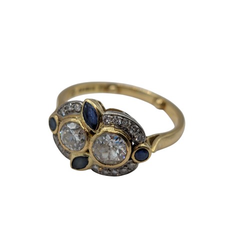 42 - 18ct gold, diamond and sapphire cluster ring, hallmarked, centring a collet-set old European-cut dia... 